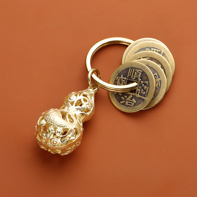 Pure Copper Five Emperor Coins Brass Gourd Keychain Pendant Portable Copper Coin Small Pendant Small Ornament