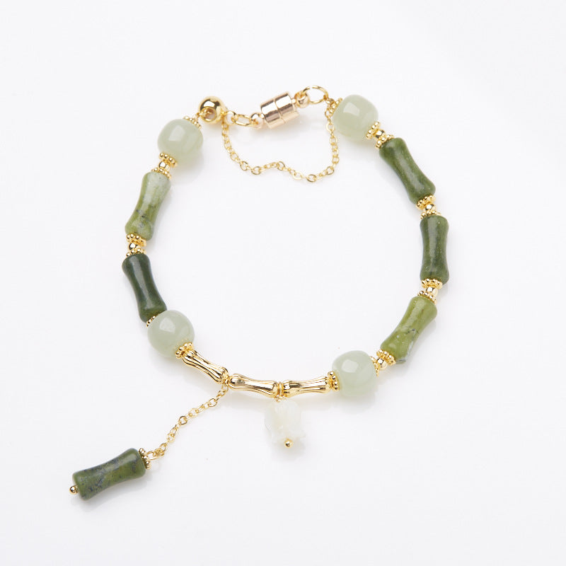 Natural Olive Jade Bamboo Bracelet for Women, One Leaf of Prosperity, Lily of the Valley Flower, Hetian Jade Bracelet, Gift for Best Friend