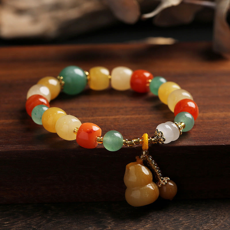 Qiyi Natural Xinjiang Jinsi Jade Bracelet Ethnic Style Colorful Jade Candy Color Yellow Green Barrel Beads Hanging Gourd Bracelet