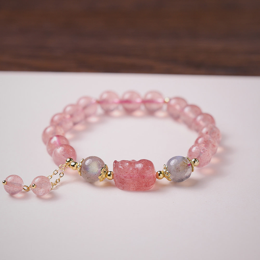 Natural Strawberry Quartz Bracelet for Women, Peach Blossom Blooming, Niche Style, Best Friends, Students, Pink Beads, Crystal Bracelet