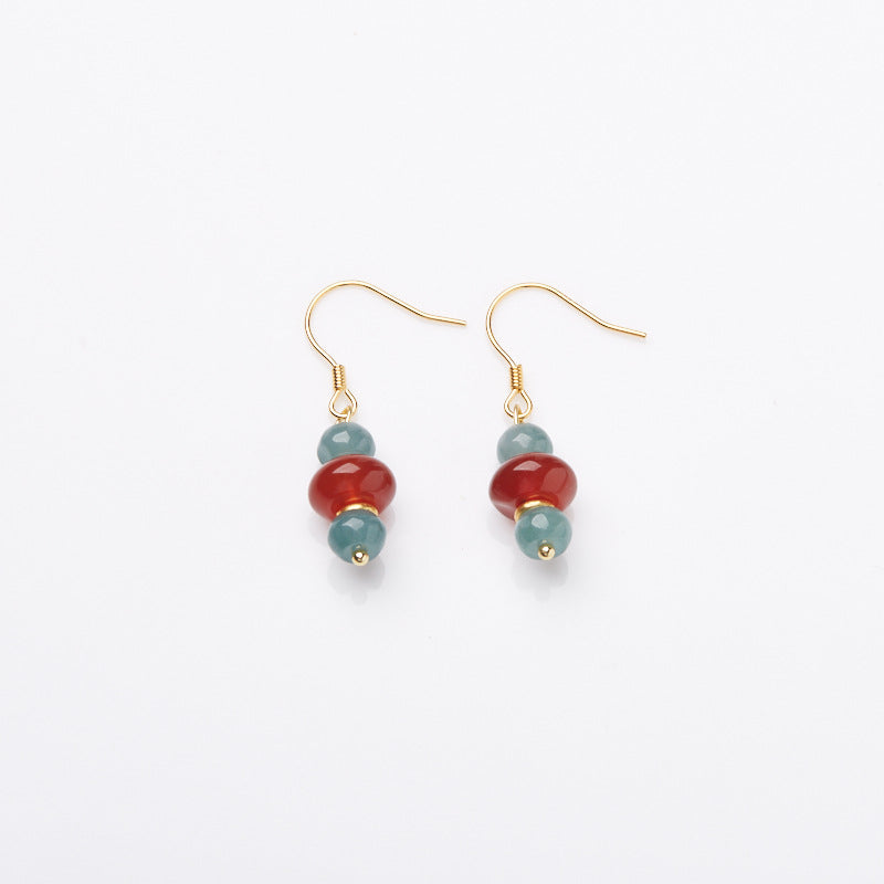 Natural Blue Water Jade Earrings S925Silver Thousand Miles of Rivers and Mountains Red Agate National Style Earrings New Chinese Hook Earrings