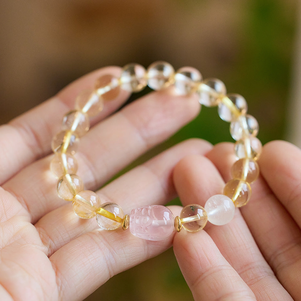 Natural Yellow Crystal Pixiu Bracelet for Women, Wealth Rolling Pink Crystal Pixiu Beaded Bracelet, Qixi Festival Gift for Girlfriend