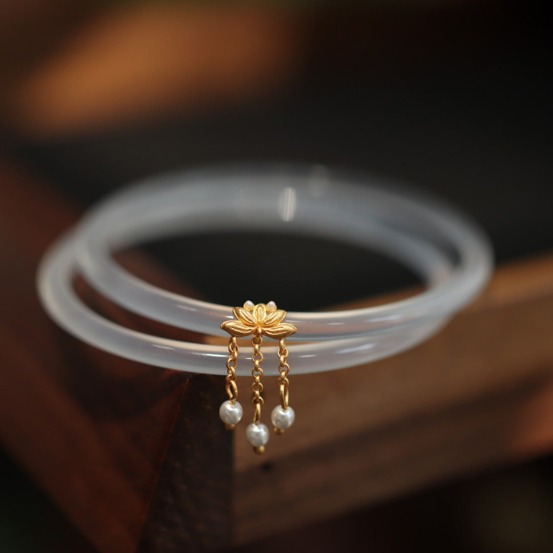 Live Source One Step One Ring Chalcedon Achat Dingdang Armband Perle Viel Glück Lotus Eissamen Dünnes Streifenarmband für Frauen im chinesischen Stil