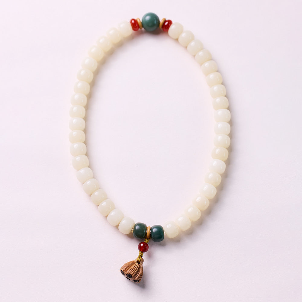 Natural White Jade Bodhi Double Circle Bracelet with Jujube Wood Lotus Seed Pod Tassel Abacus Old Style Barrel Bead Bracelet Collectible Artifact
