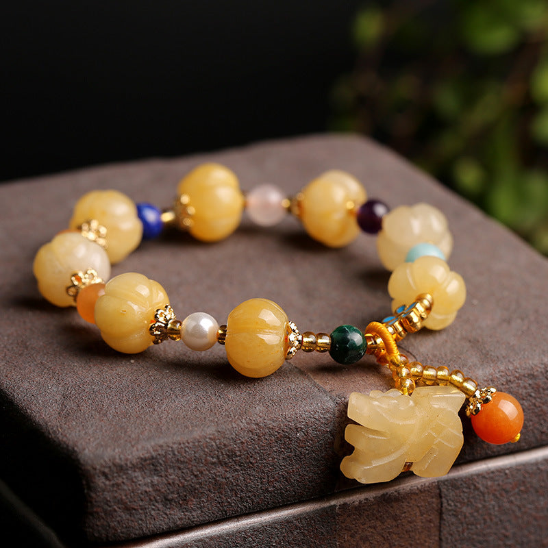 Feiyi Jewelry Gold Silk Jade Bracelet Drum Beads Pumpkin Beads Gourd Ethnic Style Bracelet Yellow Jade Pixiu Bracelet for Women