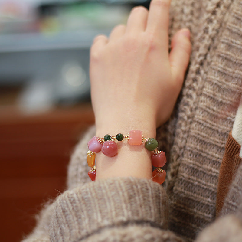 Natural Salt Source Agate Cube Bracelet with Hanging Peach Jasper Barrel Beads Amber Irregular Shape Candy Color Multi-Gem Bracelet for Women