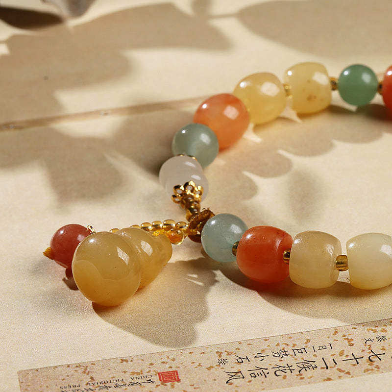 Qiyi Natural Xinjiang Jinsi Jade Bracelet Ethnic Style Colorful Jade Candy Color Yellow Green Barrel Beads Hanging Gourd Bracelet