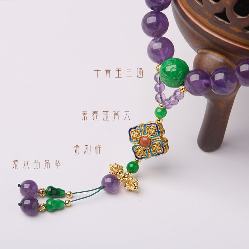 Qing Palace Dry Green Jade Eighteen Beads Cheongsam Press Pin Women's Ornament Handheld Purple Crystal Eighteen Beads Bracelet