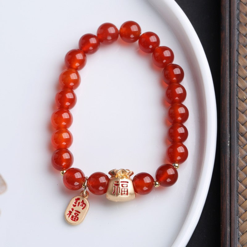 Live Streaming Natural8MM Red Agate Bracelet for Women Fortune Pendant Chalcedony Agate High-end Design Bracelet
