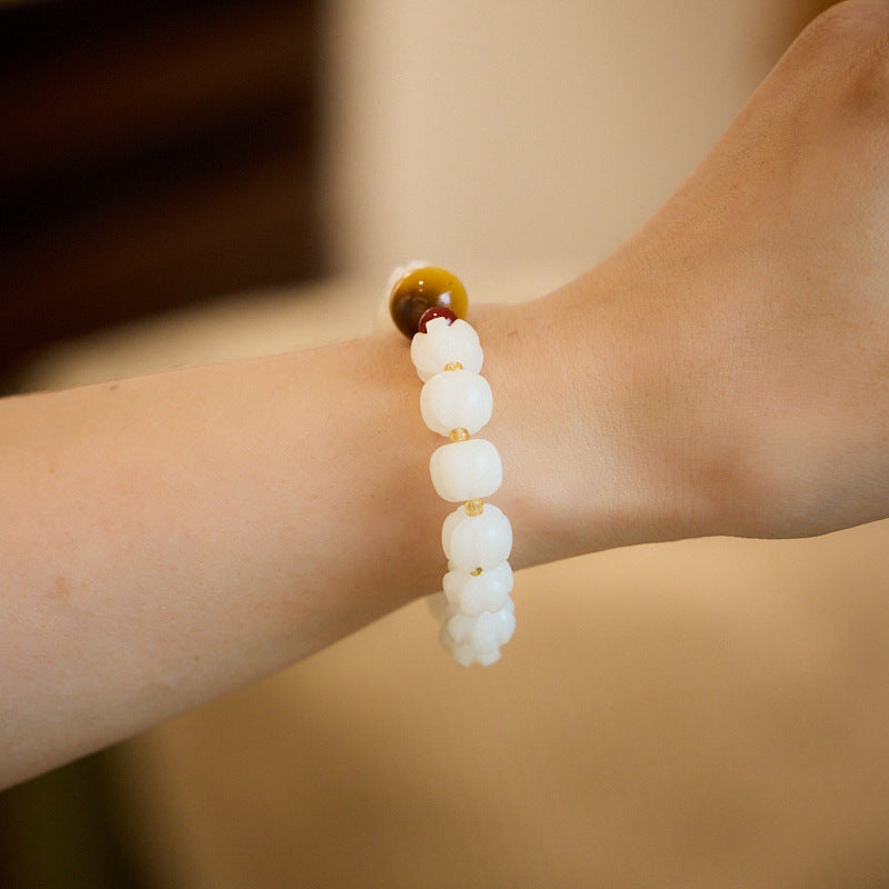 Temple Style Natural White Jade Bodhi Bracelet Tiger Eye Stone Bodhi Pumpkin Bracelet Soft Chinese Style Bracelet