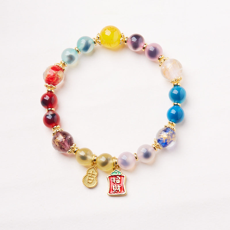 Temple Style Natural Soft Heart Agate Bracelet Five-Way Wealth God Dopamine Glass Bracelet Gift for Best Friend