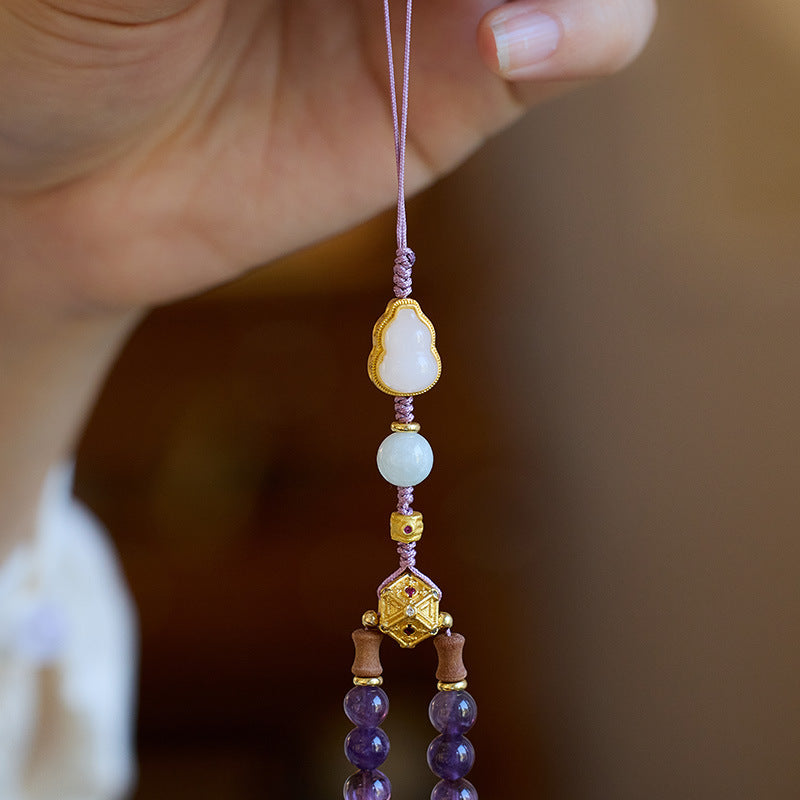Nine Purple Fire Keychain Phone Pendant Zodiac Year Bracelet for Women Natural Amethyst Dragon Year Gourd Design