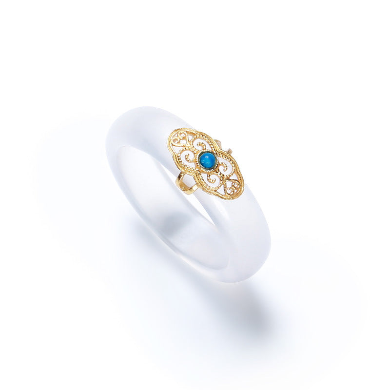 Nationaler Trend Natürlicher weißer Achatring mit Chalcedon-Kombination S925 Silber eingelegter südroter Achat Türkis Jade Damenring Schmuck