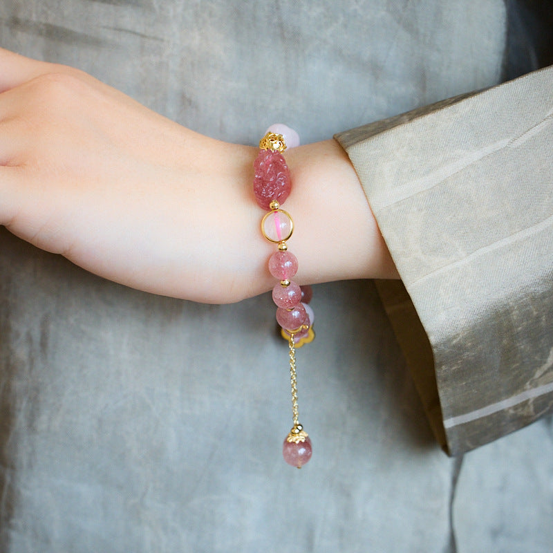 Natural Strawberry Quartz and Pink Quartz Double Bracelet for Women Strawberry Quartz Pixiu Wealth Flower Good Luck Bracelet Crystal Bracelet