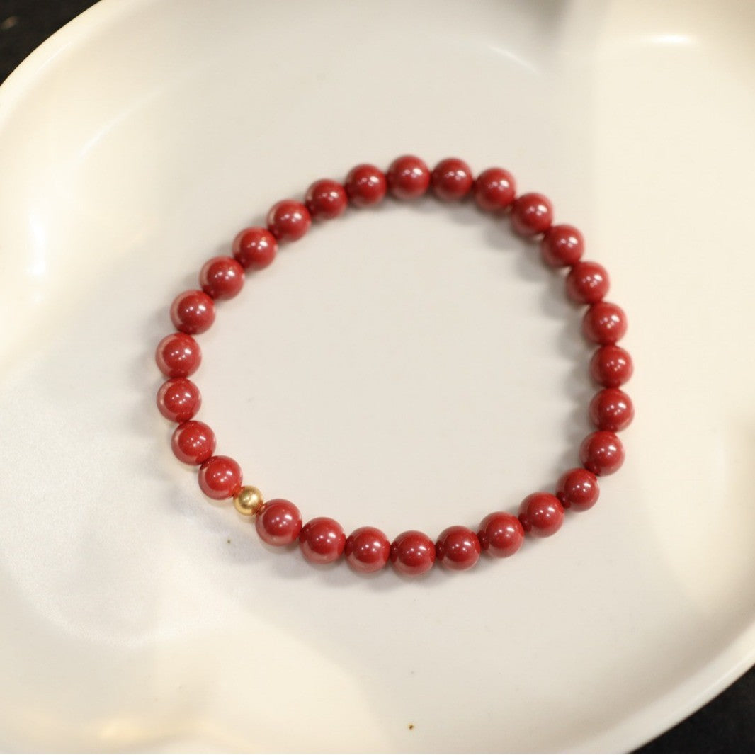 Custom Natural High Content Imperial Sand Bracelet with Amber and Pearl, Chinese Style Red Birth Year Cinnabar Beaded Bracelet