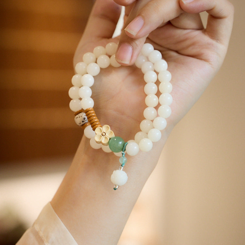 Natural White Jade Bodhi Bracelet Wealth Flower Green Aventurine Bodhi Double Circle Cultural Play Bracelet Buddhist Prayer Beads Bracelet