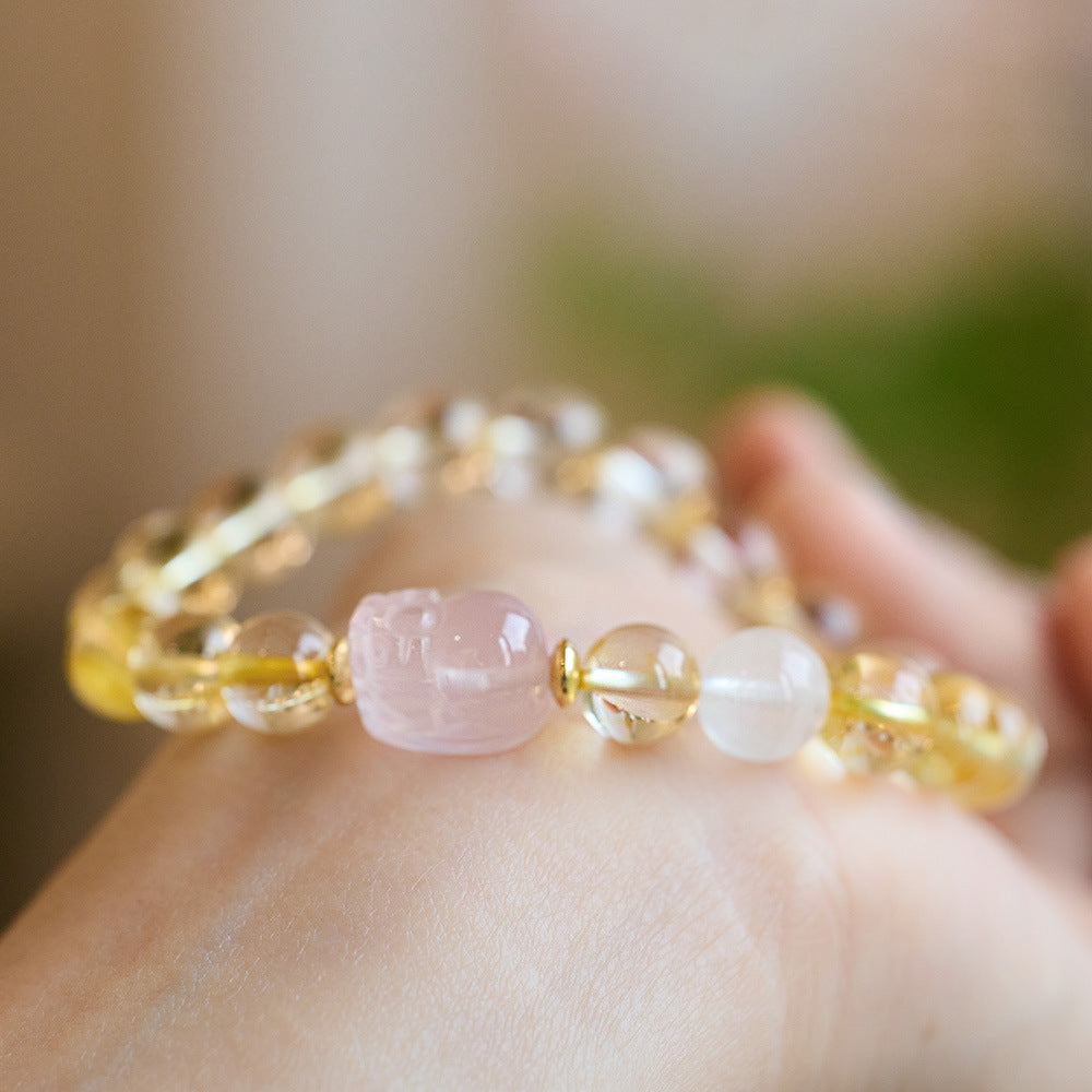 Natural Yellow Crystal Pixiu Bracelet for Women, Wealth Rolling Pink Crystal Pixiu Beaded Bracelet, Qixi Festival Gift for Girlfriend