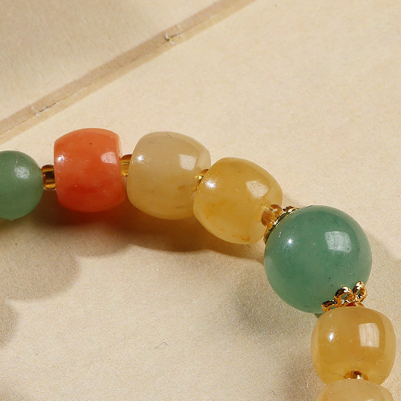 Qiyi Natural Xinjiang Jinsi Jade Bracelet Ethnic Style Colorful Jade Candy Color Yellow Green Barrel Beads Hanging Gourd Bracelet
