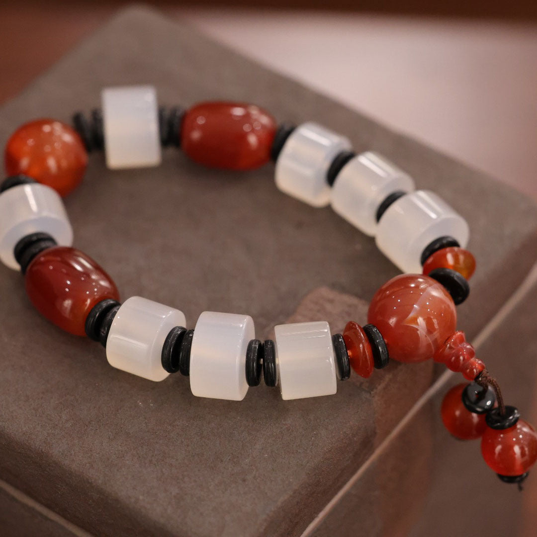 Original Natural Agate Bracelet with Wrapped Silk Domineering Single Circle Men's Abacus Bead Bracelet Ethnic Style Gift Accessories
