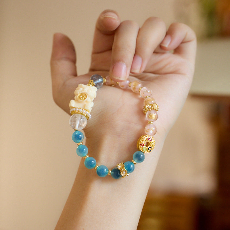 Temple Style Natural Blue Heart Agate Bracelet Wealth Hugging Dragon Gold Foil Double Combination Incense Ash Glaze Bracelet