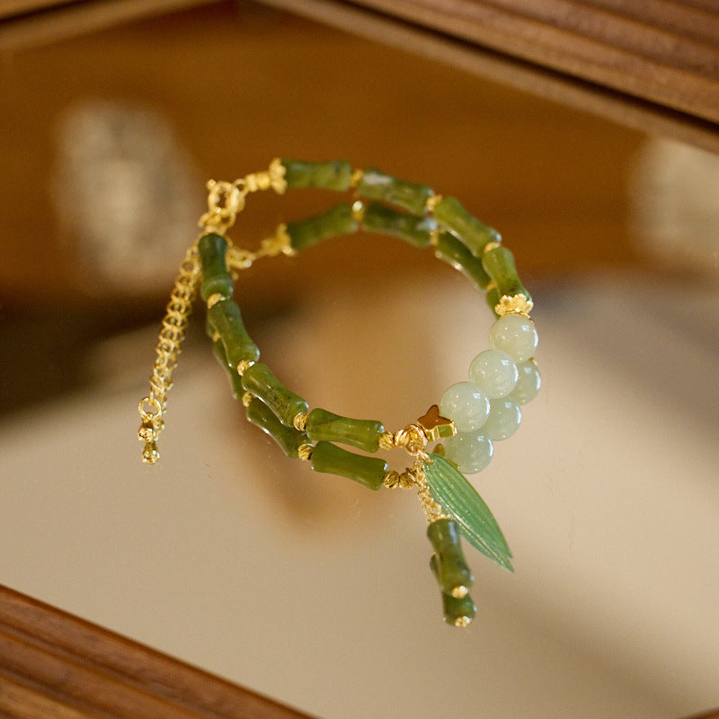 Natural Olive Jade Bamboo Bracelet for Women, One Leaf of Prosperity, Lily of the Valley Flower, Hetian Jade Bracelet, Gift for Best Friend