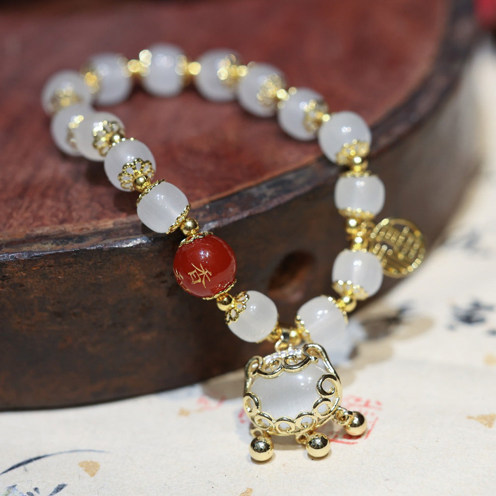 National Style Temple Same Style Wealth Peace Lock Windmill Stress Relief Glass Old Xing Barrel Bead Bracelet Glass Bead Bracelet Gift for Friends