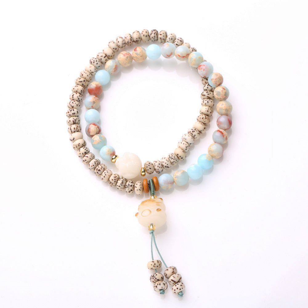 New Chinese Style Natural Shoushan Stone Bracelet Star Moon Bodhi Charcoal Burnt Small Cat Double Circle Wenwan Bracelet Buddhist Prayer Beads