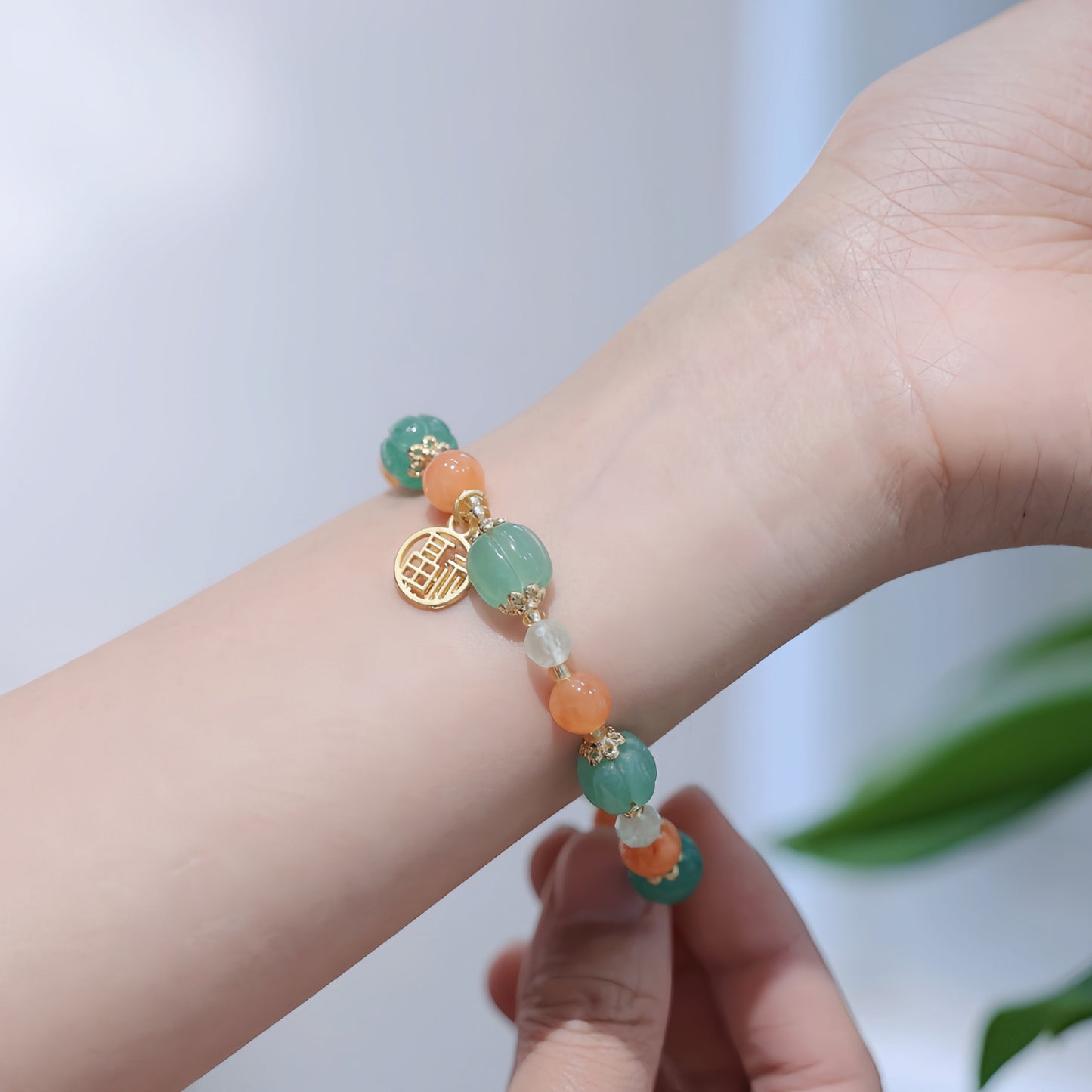 National Style Natural Jinsi Jade Bracelet Xinjiang Colorful Jade Female Pumpkin Barrel Beads Hanging Blessing Card Jade Bracelet Temple Same Style