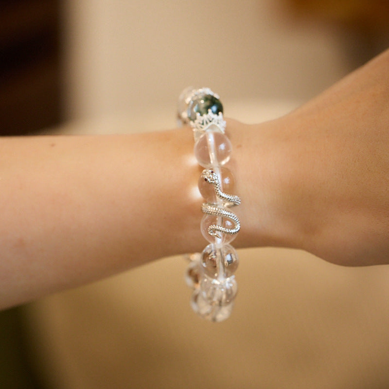 White Crystal Bracelet for Women, Auspicious Snake, Year of the Snake, Zodiac Bracelet, Green Snake, Gift for Best Friend