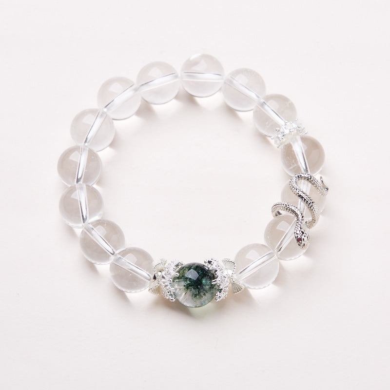 White Crystal Bracelet for Women, Auspicious Snake, Year of the Snake, Zodiac Bracelet, Green Snake, Gift for Best Friend
