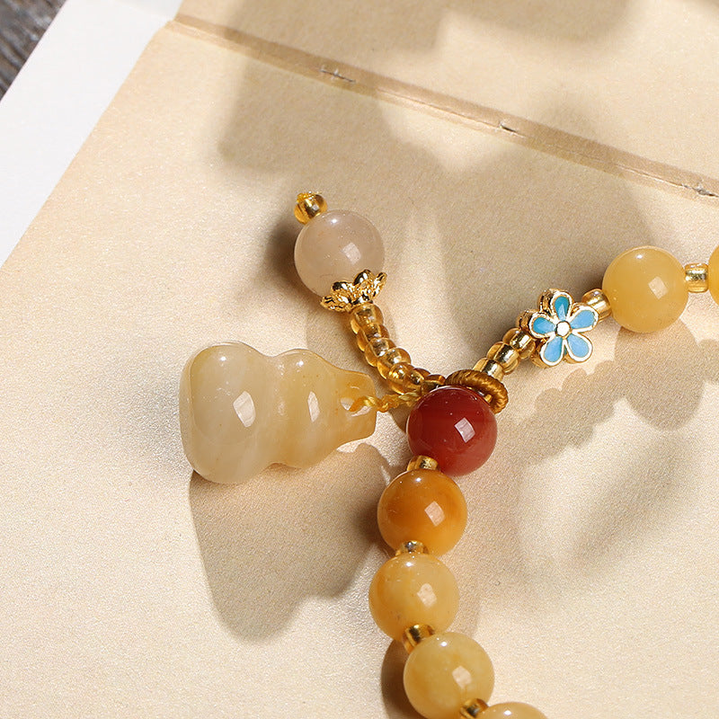 Feiyi Natural Xinjiang Golden Silk Jade Yellow Bracelet Best Friend Gift Small Gourd Tassel Women's Round Bead Jade Bracelet