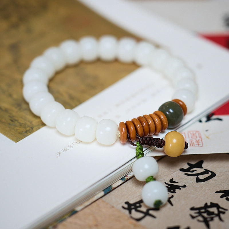 Natural Straight Cut White Jade Bodhi Bracelet Multi-Treasure Bodhi Seed Bracelet for Women Soft Wrap Around Finger Bodhi Root Bracelet
