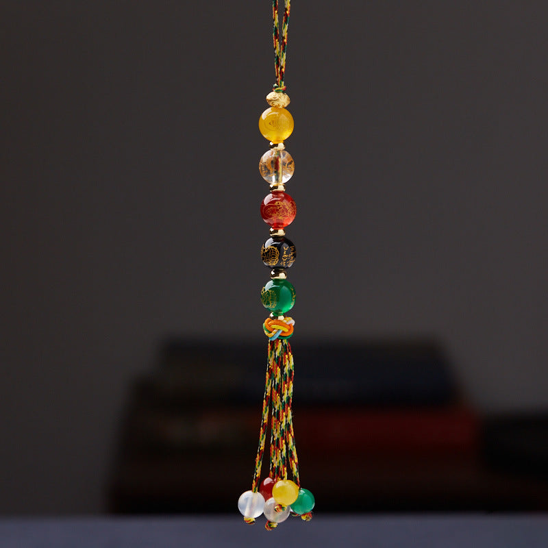 Original Design Natural Agate Crystal Five-Way God of Wealth Phone Chain Temple Cultural and Creative Keychain Car Pendant