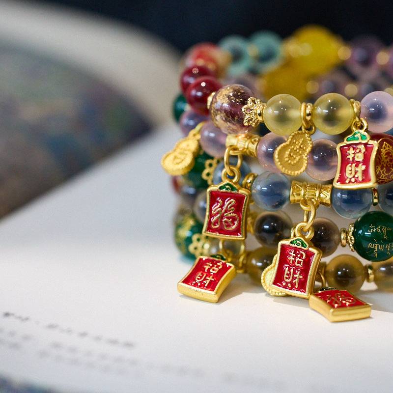 Temple Same Style Natural Heart Agate Bracelet Female Five Gods of Wealth Heart Agate Bracelet High Sense Gift