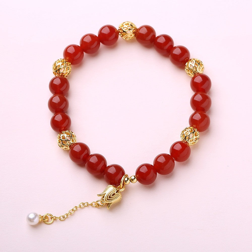 Live Streaming Natural8MM Red Agate Bracelet for Women Fortune Pendant Chalcedony Agate High-end Design Bracelet