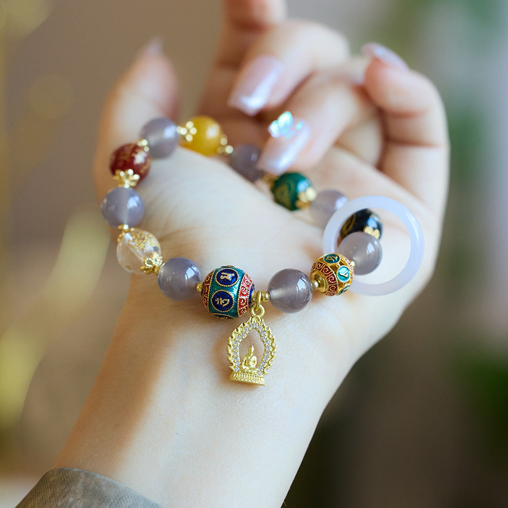 Armband aus natürlichem Achat im Tempelstil, Fünfwege-Reichtumsgott, für Frauen, rauchviolettes Achat-Amulett, Buddha, Perlenarmband im nationalen Stil