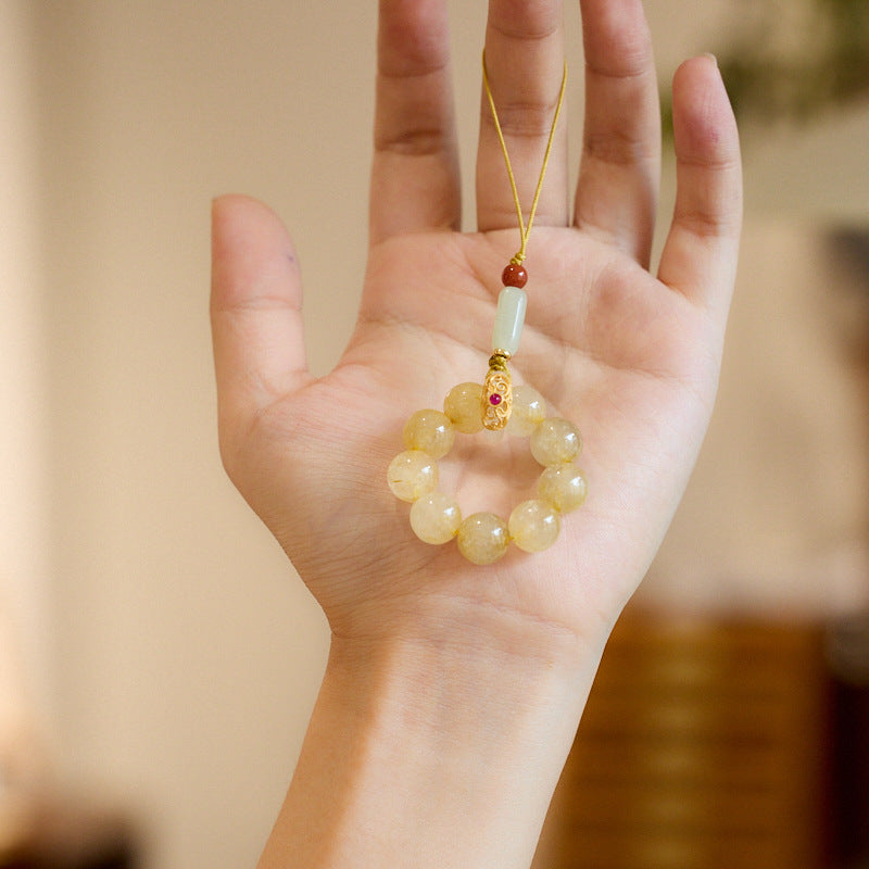 Natural10MM Goldene Haar Kristall Telefon Kette Runde Perle Ring Hand Twist Kristall Anhänger Tasche Charme Keychain Dekoration
