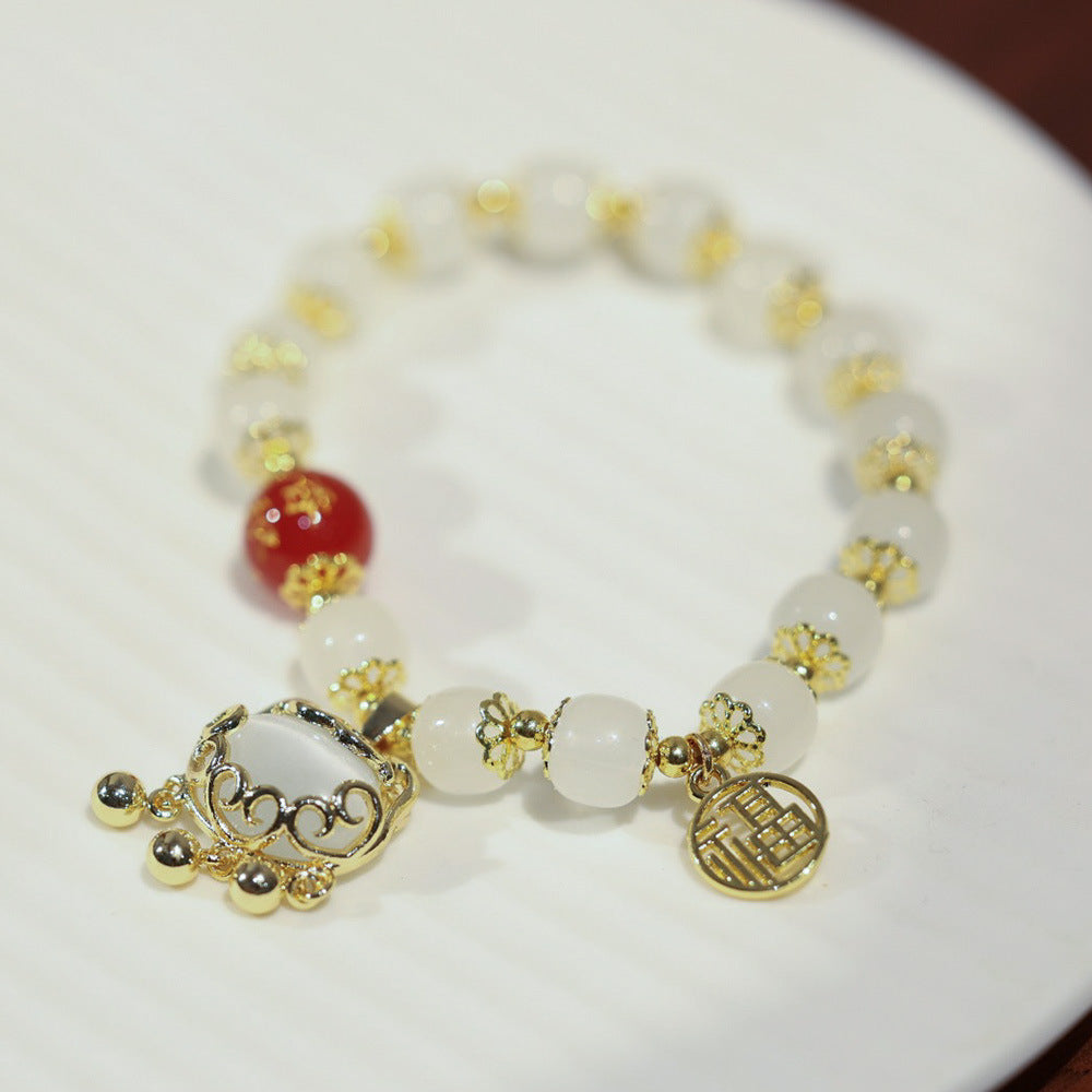 National Style Temple Same Style Wealth Peace Lock Windmill Stress Relief Glass Old Xing Barrel Bead Bracelet Glass Bead Bracelet Gift for Friends