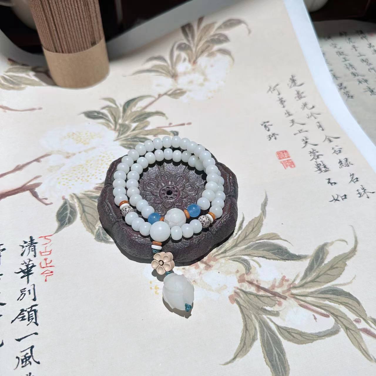 Natural White Jade Bodhi Double Circle Bracelet with Jujube Wood Lotus Seed Pod Tassel Abacus Old Style Barrel Bead Bracelet Collectible Artifact