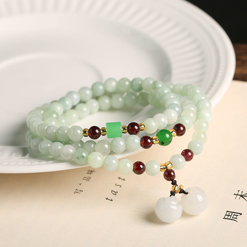 Natural A Jadeite Jade Stone Three-Layer Bracelet With Beads Dry Green Garnet Gourd Double Pixiu Pendant