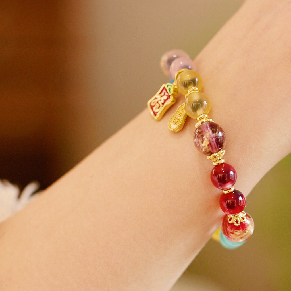 Temple Style Natural Soft Heart Agate Bracelet Five-Way Wealth God Dopamine Glass Bracelet Gift for Best Friend