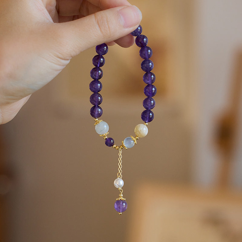 Unique Design Natural8MM Amethyst Bracelet for Women with Pearl Pendant and Tassel, Female Jewelry, Best Friend Gift