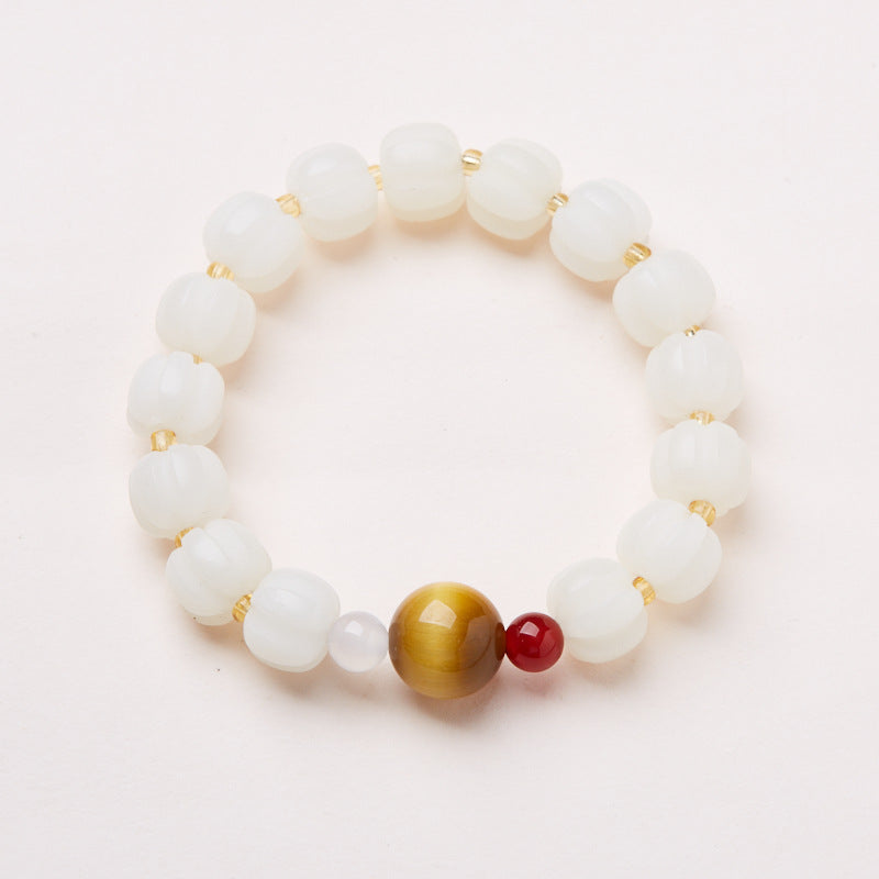 Temple Style Natural White Jade Bodhi Bracelet Tiger Eye Stone Bodhi Pumpkin Bracelet Soft Chinese Style Bracelet