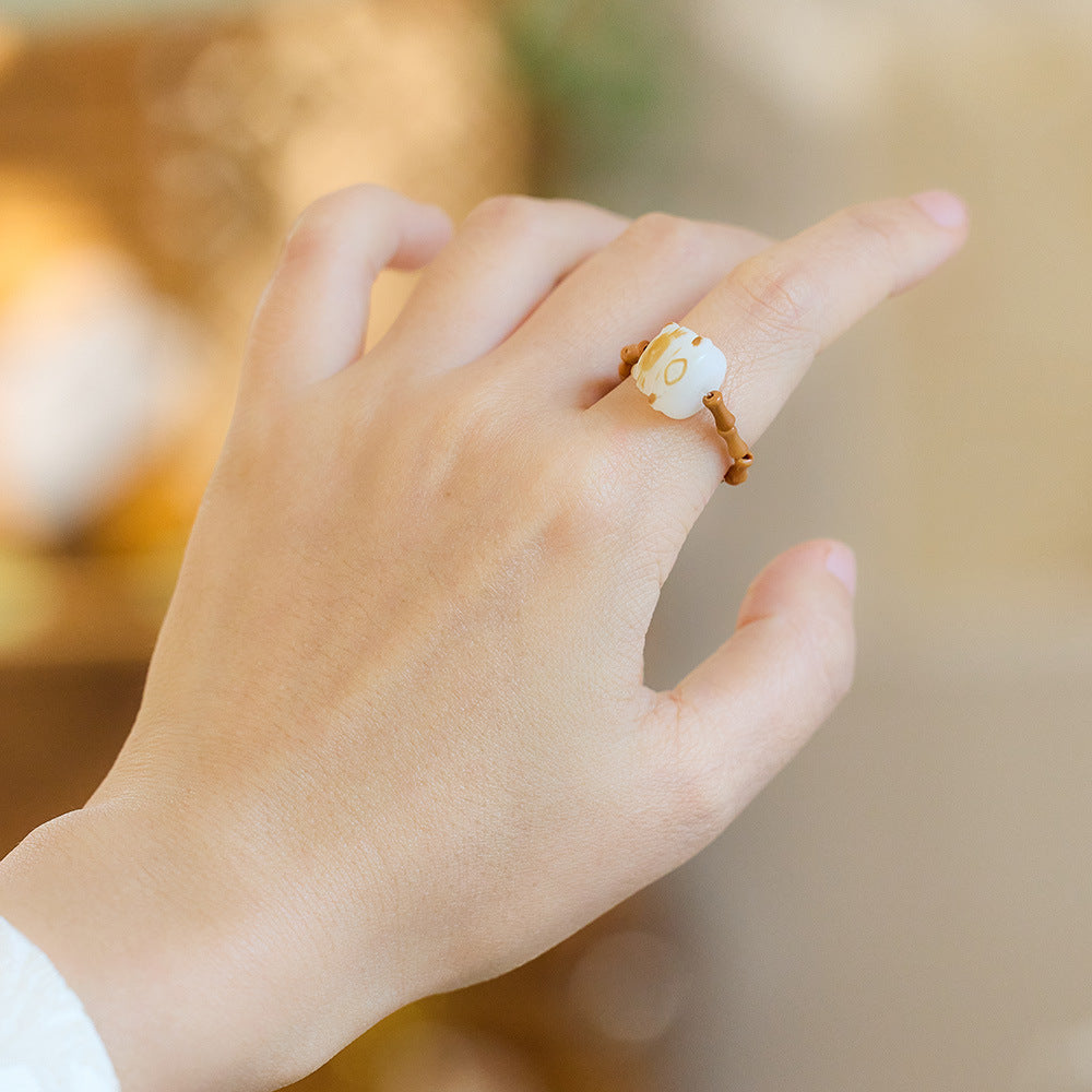 New Chinese Style Natural Hetian Jade Ring for Women Walnut Bamboo Knot Tail Ring Hanfu Chinese Style Accessories