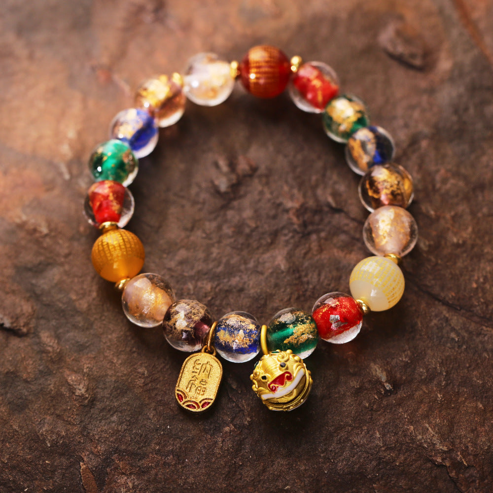 Incense Ash Glazed Bracelet Five-Color Gold Foil Glazed Ten-Complete Ten-Perfect Multi-Treasure Fish Swallowing Gold Beast Bracelet Best Friend Gift