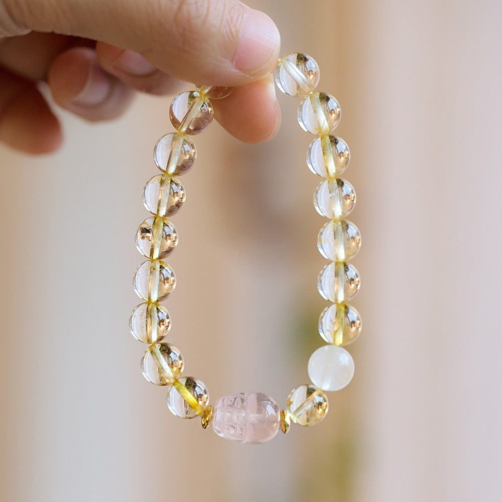 Natural Yellow Crystal Pixiu Bracelet for Women, Wealth Rolling Pink Crystal Pixiu Beaded Bracelet, Qixi Festival Gift for Girlfriend