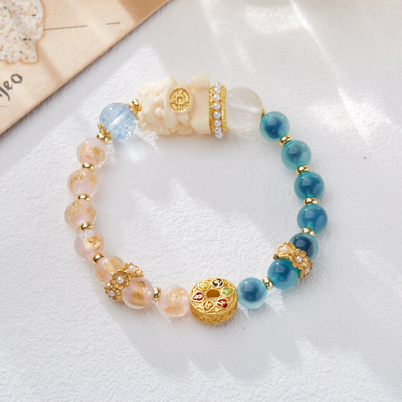 Temple Style Natural Blue Heart Agate Bracelet Wealth Hugging Dragon Gold Foil Double Combination Incense Ash Glaze Bracelet