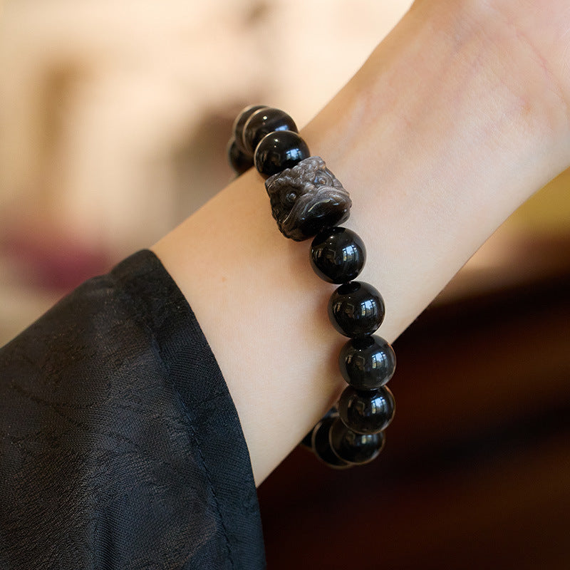 Natural Obsidian Bracelet Double Eyes Silver Stone Buddha Beads Good Luck Xingshi Bracelet Men and Women Bracelet of Birth Year