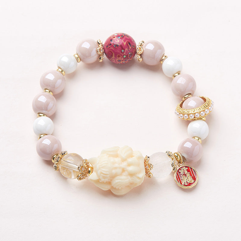 Tempel Gleicher Stil Neunschwänziger Fuchs Duftendes graues Porzellan Farbige Glasur Armband Weiblicher Fuchs Dämon Kleine Rote Dame Pfirsichblüte Viel Glück Perlen Armband