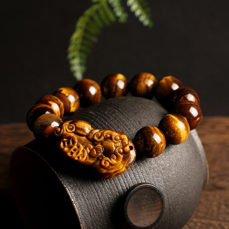 Natural Yellow Tiger Eye Stone Pixiu Bracelet A Grade Natural Tiger Eye Stone14MM Men's Tiger Eye Pixiu Bracelet Live Broadcast